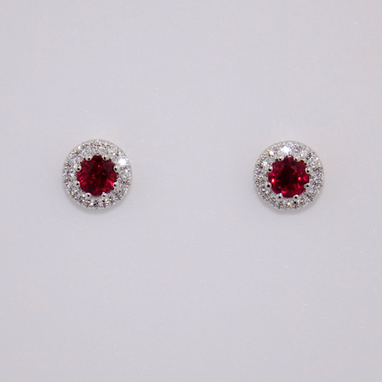 18ct white gold round cut ruby and round brilliant cut diamond cluster stud earrings