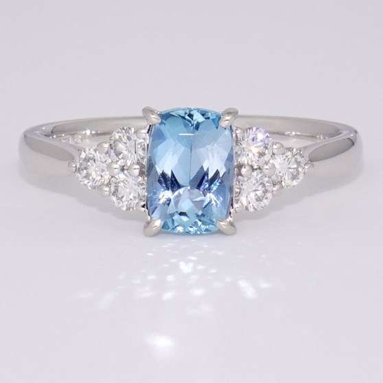 Platinum cushion cut aquamarine and diamond ring