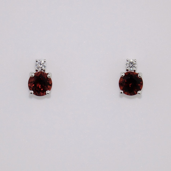 9ct white gold round cut garnet and round brilliant cut diamond stud earrings