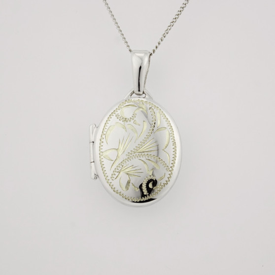 9ct white gold engraved oval locket
