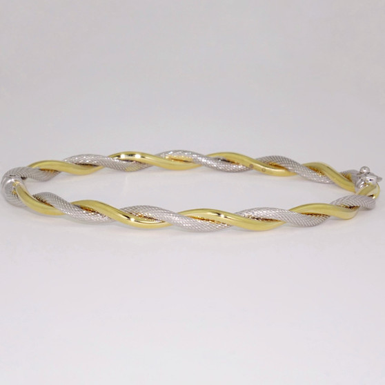 9ct yellow and white gold textured hinged twisted bangle