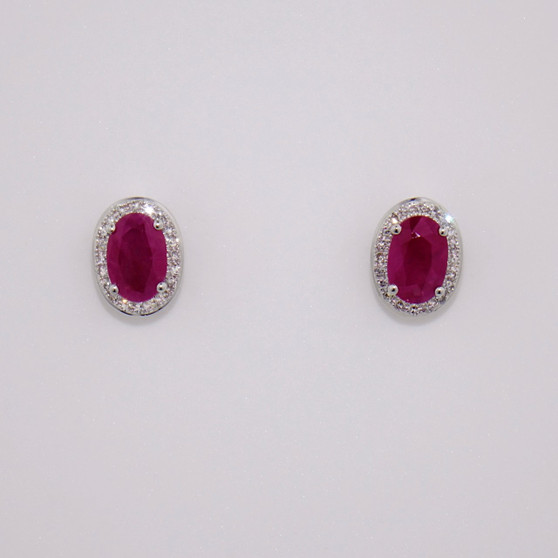 9ct white gold oval cut ruby and diamond cluster earrings