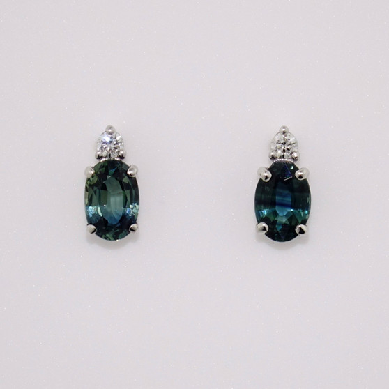 9ct white gold oval cut teal sapphire and round brilliant cut diamond stud earrings