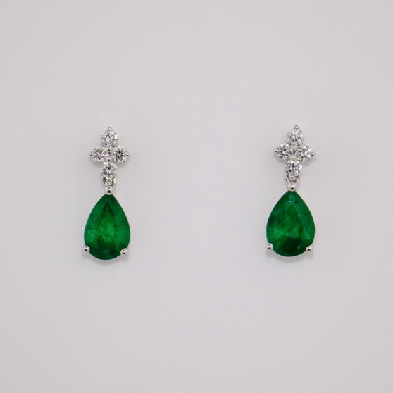 18ct white gold pear shaped emerald and diamond cluster drop earrings