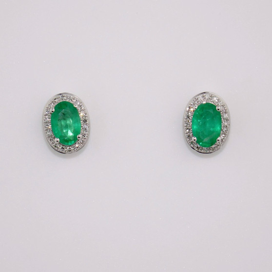9ct white gold oval cut emerald and diamond cluster stud earrings