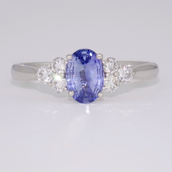 Platinum oval cut unheated Ceylon sapphire and diamond ring