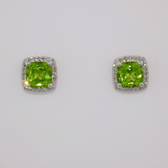 9ct whtie gold cushion cut peridot and diamond cluster earrings