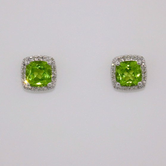 9ct white gold cushion cut peridot and diamond cluster earrings