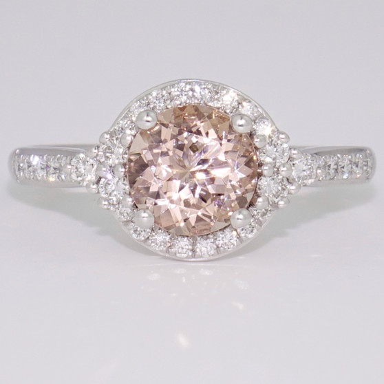 9ct white gold round cut morganite and diamond halo ring