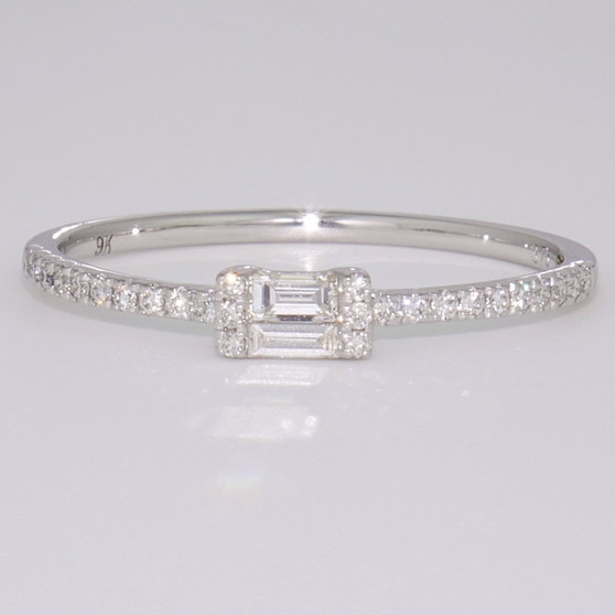 9ct white gold baguette cut and round brilliant cut diamond ring with diamond-set shoulders