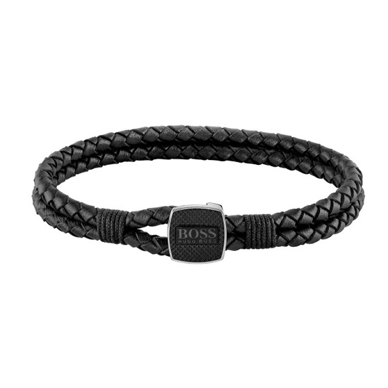 Gents' Boss  Braided Black Leather bracelet 1580047M