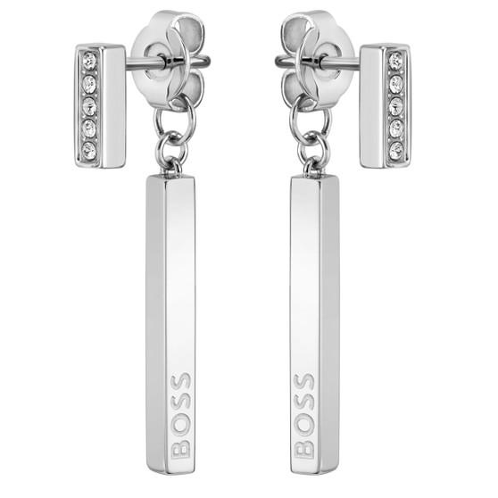 BOSS ladies stainless steel and crystal earrings with drop backs from the Saya family 1580282