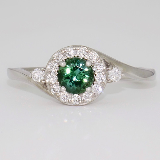 Platinum natural green tourmaline and diamond cluster twist ring