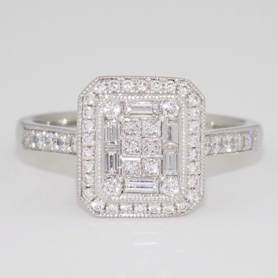Platinum baguette cut, princess cut and round brilliant cut diamond ring