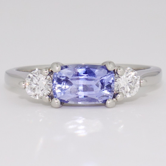 Platinum cushion cut Ceylon sapphire and diamond ring