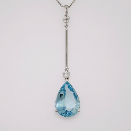 Unique 9ct white gold pear cut fine blue aquamarine and round brilliant cut diamond bar pendant