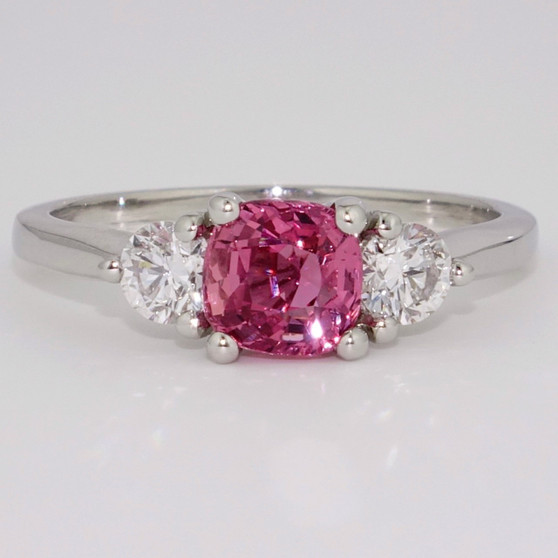 Platinum unheated cushion cut padparadscha sapphire and round brilliant cut diamond ring