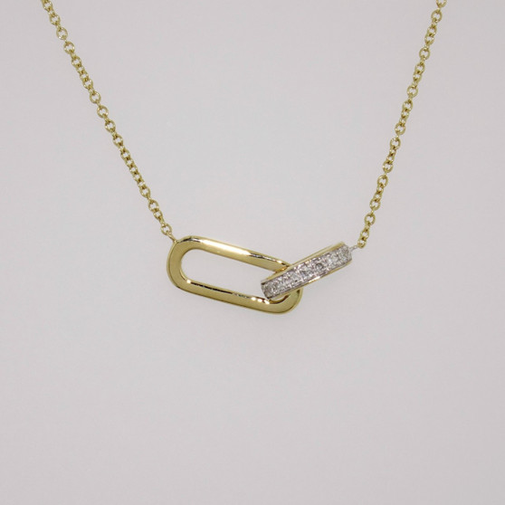 9ct gold necklace with two interlocking links: one plain and one with diamonds