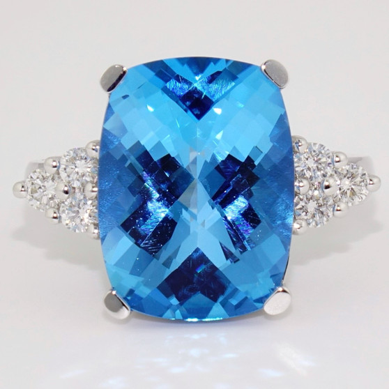 9ct white gold fancy cushion cut Swiss blue topaz and diamond cocktail ring