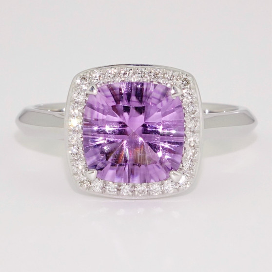 9ct white gold laser cushion cut amethyst and diamond cluster ring