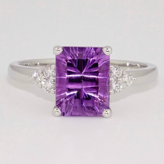 9ct white gold octagonal laser cut amethyst and round brilliant cut diamond ring
