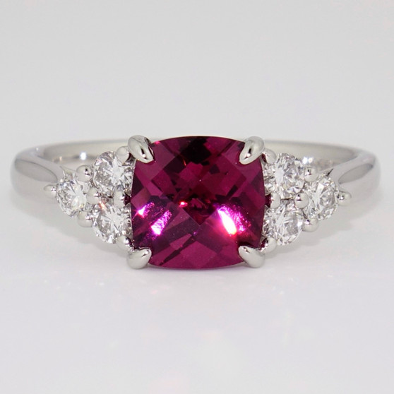 Platinum fancy cushion cut raspberry garnet and diamond ring