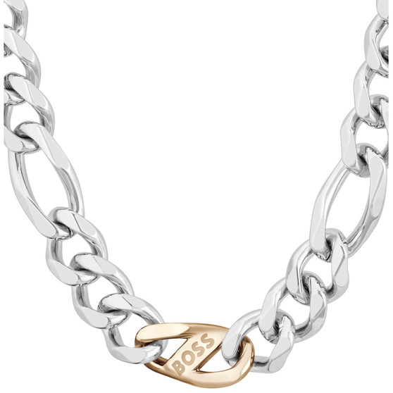 Gents BOSS Rian Stainless Steel and Carnation Gold IP Figaro Chain 1580586