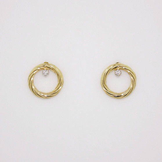 9ct gold earrings with twisted gold circles and round cut diamonds