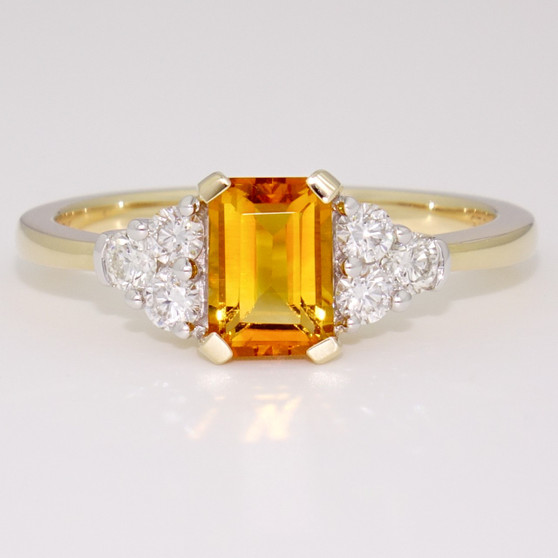 9ct gold emerald cut citrine and round brilliant cut diamond ring 9ct gold emerald cut citrine and round brilliant cut diamond ring