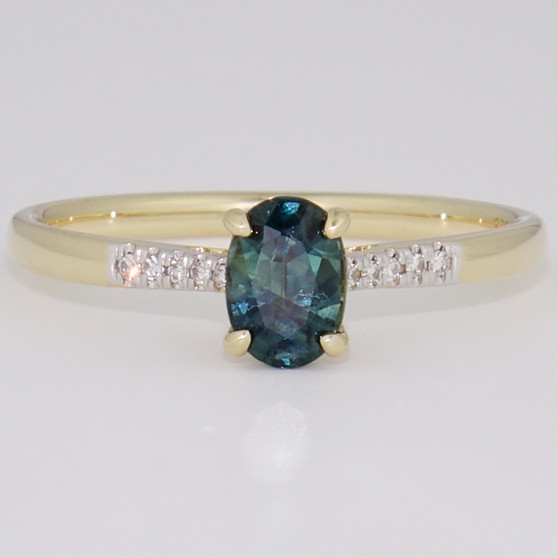 9ct gold teal sapphire ring and diamond ring