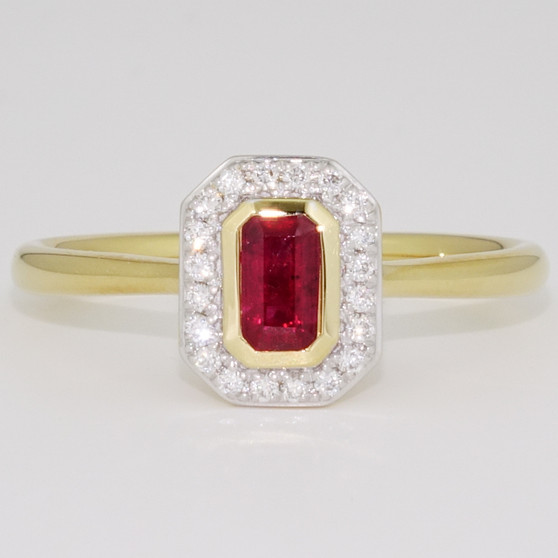 18ct gold octagon cut ruby and diamond halo ring