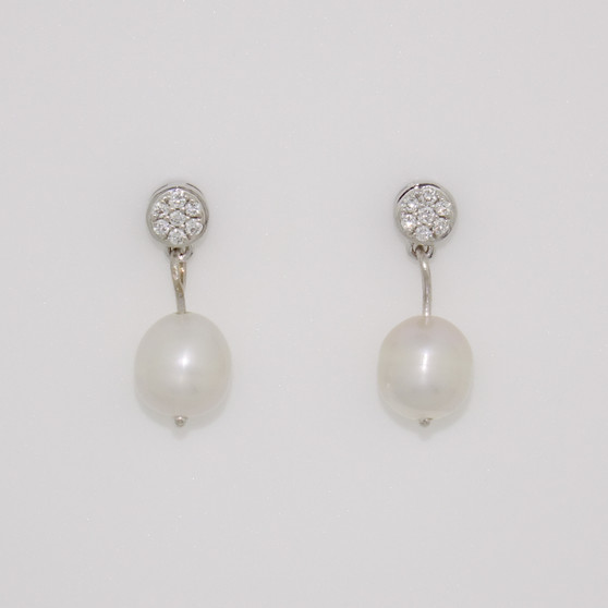 18ct white gold Scottish freshwater pearl and diamond cluster drop earrings