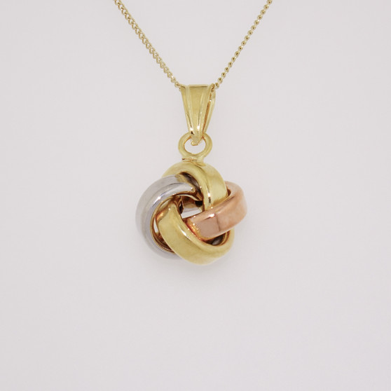 9ct yellow, white and rose gold knot pendant