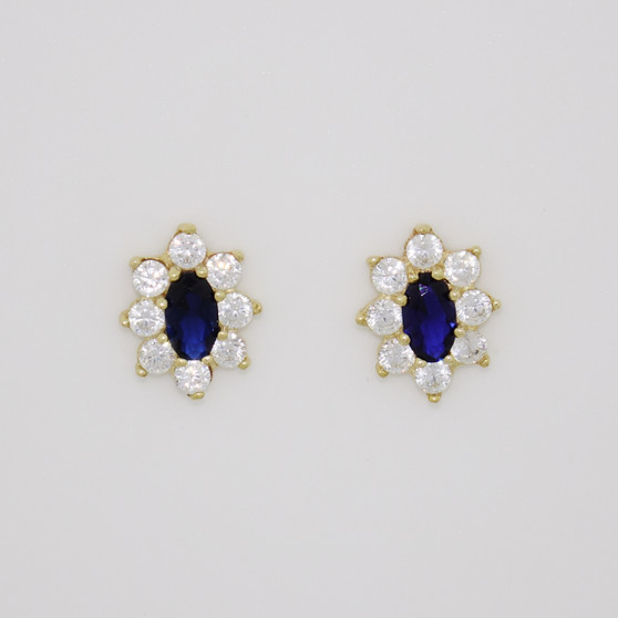 9ct gold blue oval cut cubic zirconia (CZ) cluster earrings