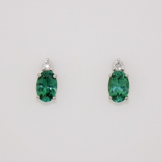9ct white gold oval cut blue-green tourmaline and round brilliant cut diamond earrings