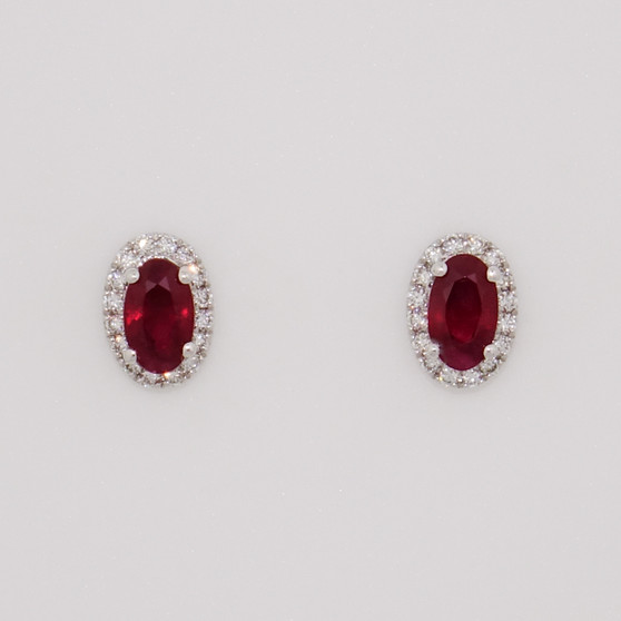18ct white gold oval cut ruby and round brilliant cut diamond cluster stud earrings