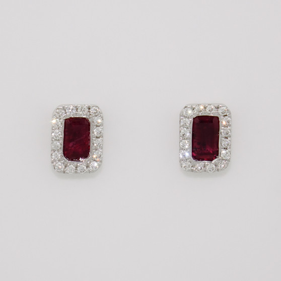 18ct white gold octagon cut ruby and round brilliant cut diamond cluster stud earrings