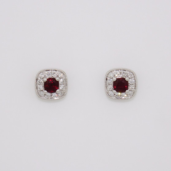 18ct white gold cushion cut ruby and round brilliant cut diamond cluster stud earrings