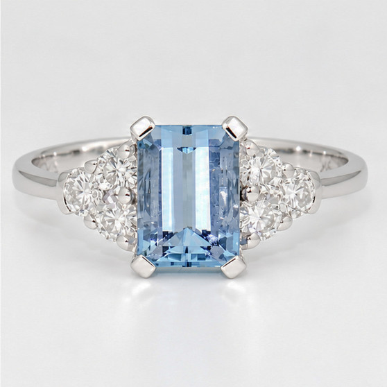 9ct white gold octagonal cut Brazilian aquamarine and round brilliant cut diamond ring