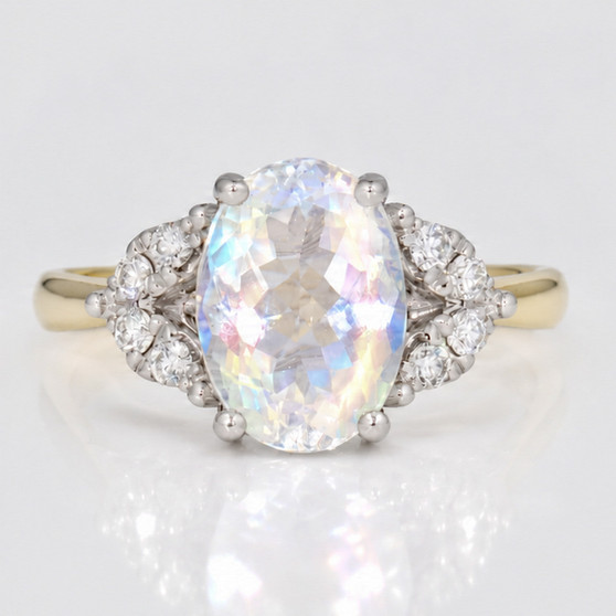 9ct gold faceted rainbow moonstone and round brilliant cut diamond ring