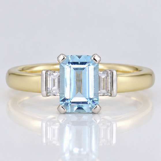 9ct gold emerald cut aquamarine and baguette cut diamond ring