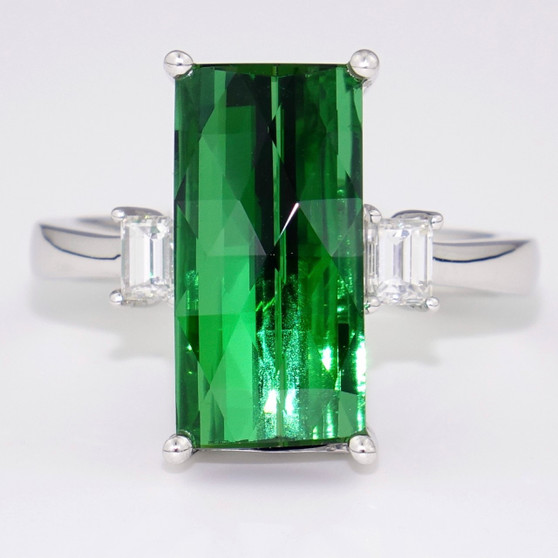 Platinum green tourmaline and diamond ring
