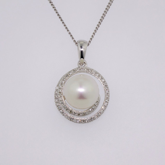 9ct white gold pearl and diamond swirl pendant
