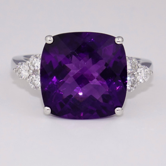 18ct white gold fancy cushion cut amethyst and diamond ring