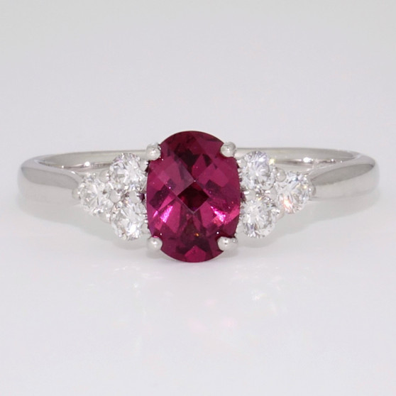 9ct white gold fancy oval cut raspberry garnet and diamond ring