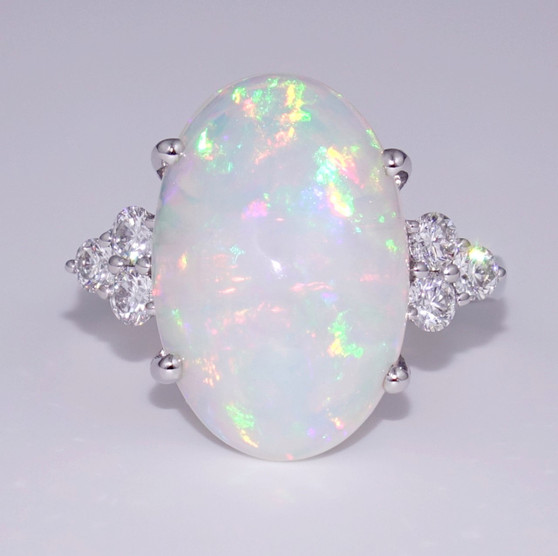 18ct white gold large Ethiopian water opal and diamond ring