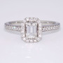 Platinum emerald cut diamond halo ring with diamond-set shoulders GR5685