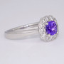 Platinum cushion cut tanzanite and diamond cluster ring side