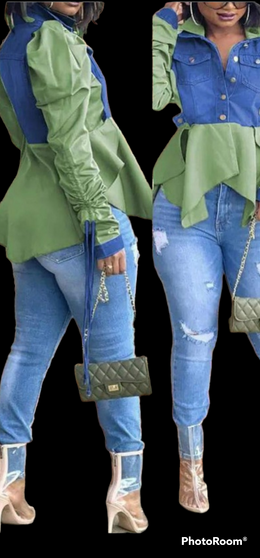 Green denim puff sleeve shirt