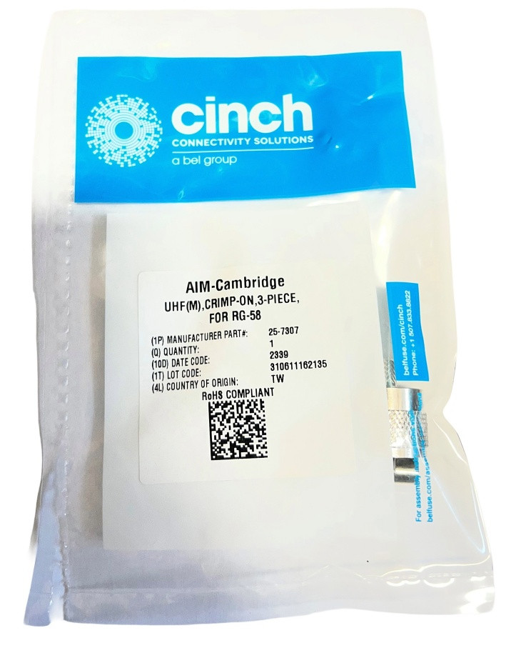 AIM CAMBRIDGE - CINCH CONNECTIVITY 25-7307 COAXIAL CONNECTOR UHF STRAIGHT PLUG CRIMP MALE RG58 BRASS